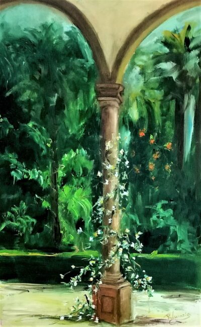 Lienzo "Columna con flores" 40x60, Rosa María González Sierra, Pintora Sevillana