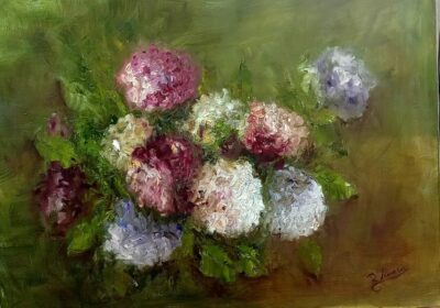 Lienzo "Hortensias" 73x54, Rosa María González Sierra, Pintora Sevillana