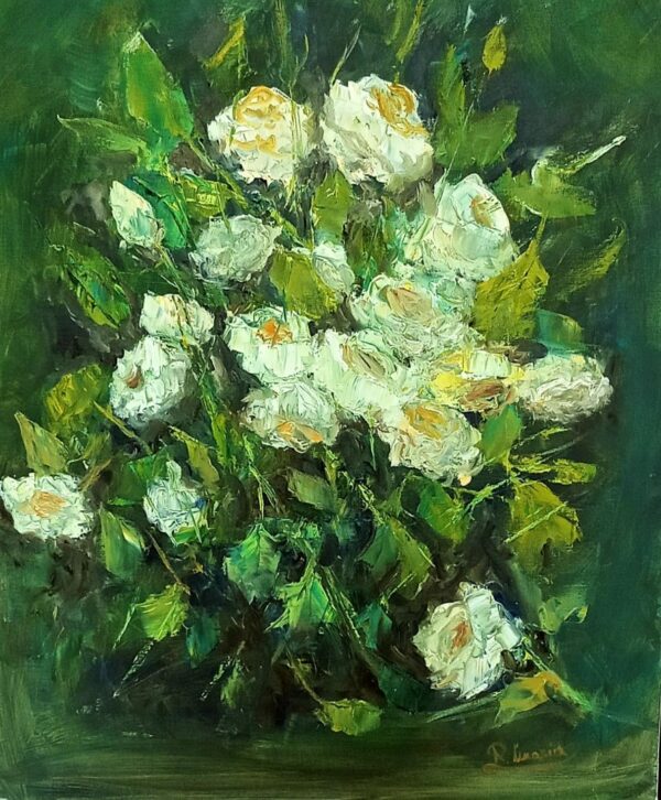 Lienzo "Rosas blancas" 64x81, Rosa María González Sierra, Pintora Sevillana